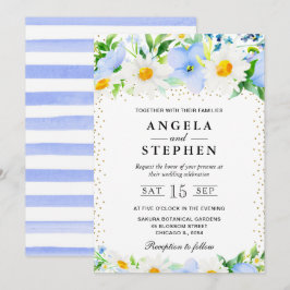 水彩青い花とデイジー結婚ズ 招待状