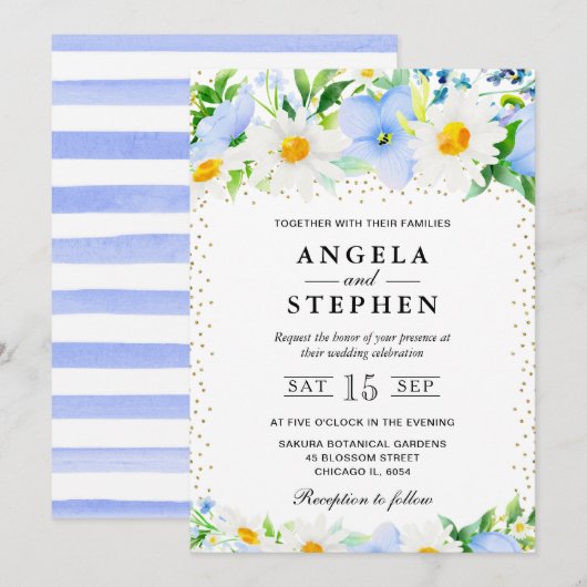 水彩青い花とデイジー結婚ズ 招待状 (正面/裏面)