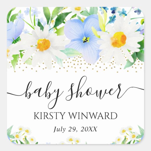 水彩青い花とデイジー赤ちゃんシャワー スクエアシール (正面)