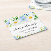 水彩青い花とデイジー赤ちゃんシャワー スクエアペーパーコースター (アングル)
