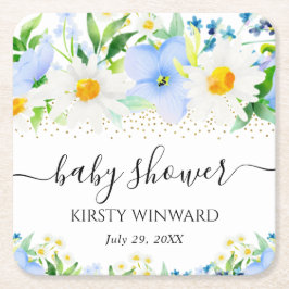 水彩青い花とデイジー赤ちゃんシャワー スクエアペーパーコースター