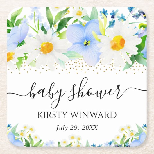 水彩青い花とデイジー赤ちゃんシャワー スクエアペーパーコースター (正面)