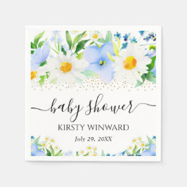 水彩青い花とデイジー赤ちゃんシャワー スタンダードカクテルナプキン