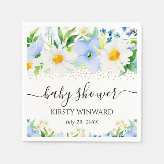 水彩青い花とデイジー赤ちゃんシャワー スタンダードカクテルナプキン (正面)