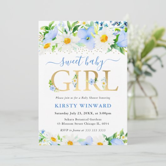 水彩青い花とデイジー赤ちゃんシャワー 招待状 (スタンド正面)