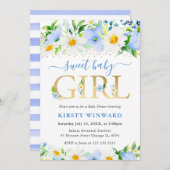 水彩青い花とデイジー赤ちゃんシャワー 招待状 (正面/裏面)