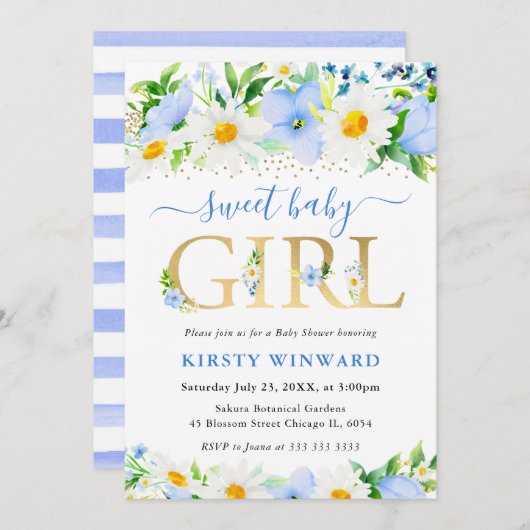 水彩青い花とデイジー赤ちゃんシャワー 招待状 (正面/裏面)