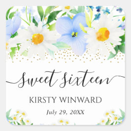 水彩青い花とデイジーSweet sixteen スクエアシール