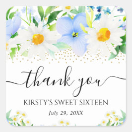 水彩青い花とデイジーSweet sixteen スクエアシール
