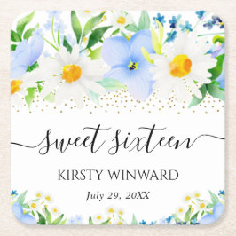 水彩青い花とデイジーSweet sixteen スクエアペーパーコースター
