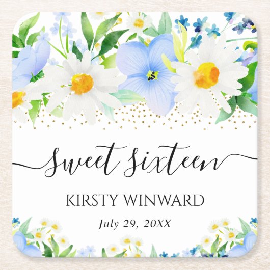 水彩青い花とデイジーSweet sixteen スクエアペーパーコースター (正面)