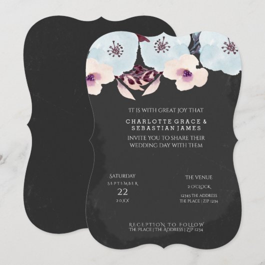 水彩青い花のチョークボード結婚式 招待状 (正面/裏面)