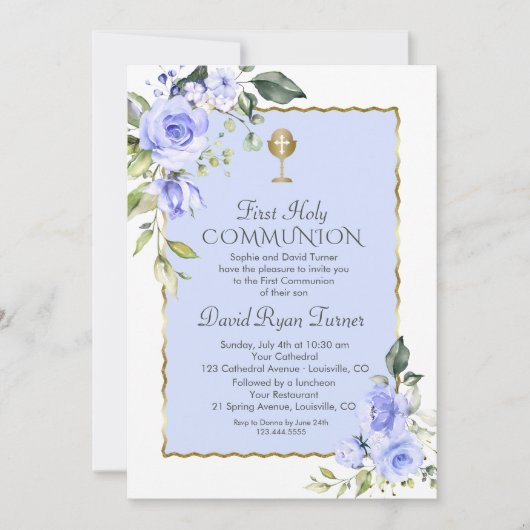 水彩青い花の最初の聖餐式 招待状 (正面)
