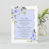 水彩青い花の最初の聖餐式 招待状 (スタンド正面)