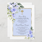 水彩青い花の最初の聖餐式 招待状 (正面/裏面)