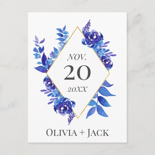 水彩青い花の結婚式の日付を保存 ポストカード (正面)