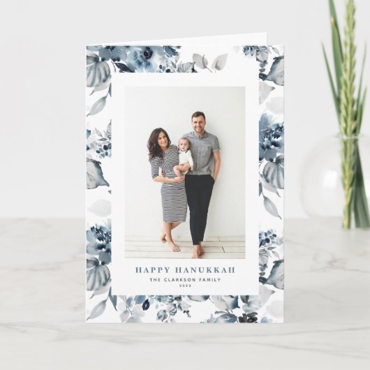 水彩青い花ハッピーハヌカー写真 シーズンカード (正面)