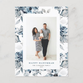 水彩青い花ハッピーハヌカー写真 シーズンポストカード