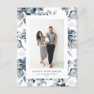 水彩青い花ハッピーハヌカー写真 シーズンポストカード