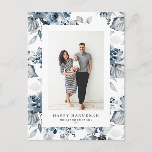 水彩青い花ハッピーハヌカー写真 シーズンポストカード (正面)