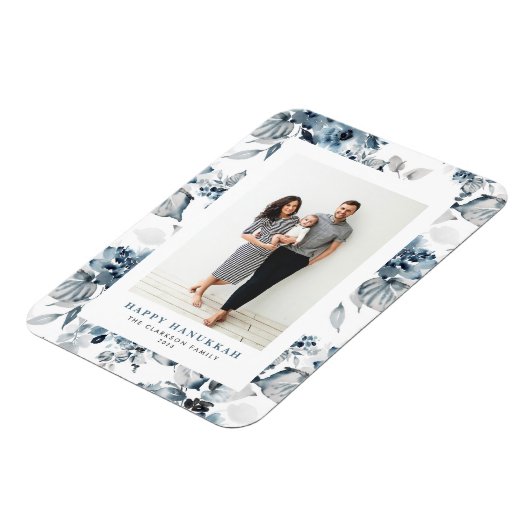 水彩青い花ハッピーハヌカー写真 マグネット (左側)