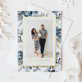水彩青い花ハッピーハヌカー写真 箔シーズンカード