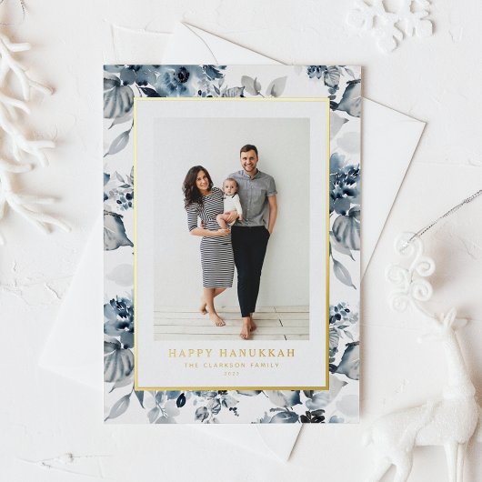 水彩青い花ハッピーハヌカー写真 箔シーズンカード