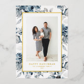水彩青い花ハッピーハヌカー写真 箔シーズンカード (正面)