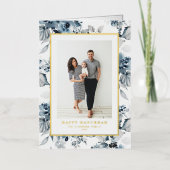 水彩青い花ハッピーハヌカー写真 箔シーズンカード (正面)