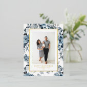 水彩青い花ハッピーハヌカー写真 箔シーズンポストカード (立ち正面)