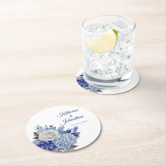 水彩青い花ブーケ紙コースター ラウンドペーパーコースター (インサイチュ)