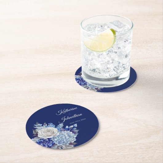 水彩青い花ブーケ紙コースター ラウンドペーパーコースター (インサイチュ)