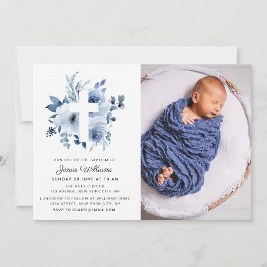 水彩青い花模様バプテスマ写真の招待 招待状 (正面)