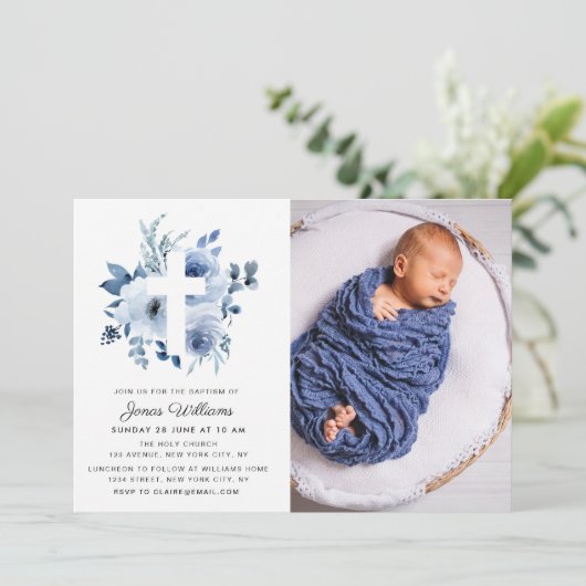 水彩青い花模様バプテスマ写真の招待 招待状 (スタンド正面)