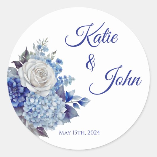 水彩青い花花束結婚の – ラウンドシール (正面)