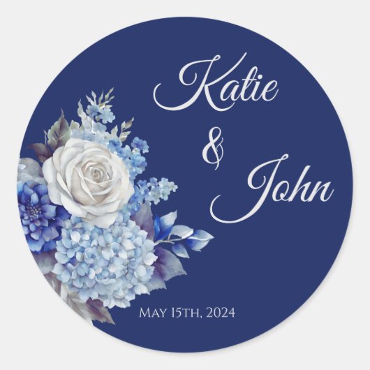水彩青い花花束結婚の –  ラウンドシール (正面)