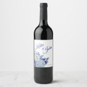 水彩青い花花束結婚の –  ワインラベル (正面)