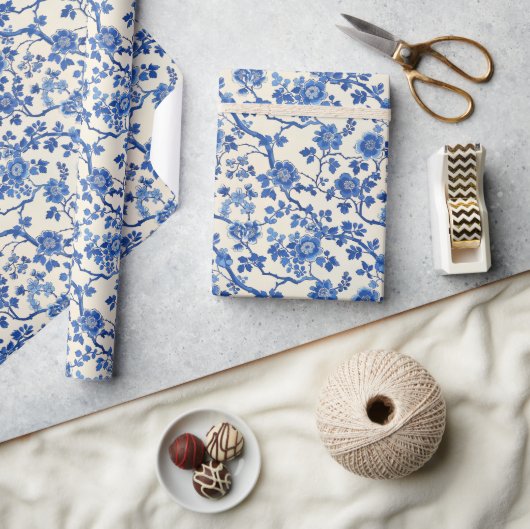 水彩青い花Chinoiserie春園 ラッピングペーパー (クラフト)