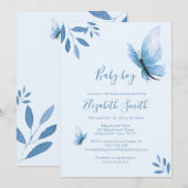 水彩青い蝶の花のベビーシャワー 招待状 (正面/裏面)