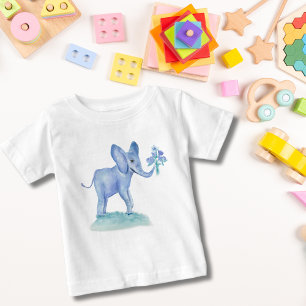 水彩青い象と花 ベビーTシャツ