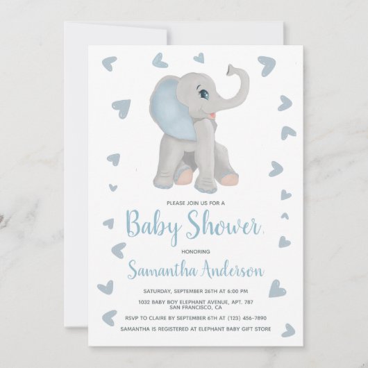 水彩青い象の男の子ベイビーシャワー写真 招待状 (正面)