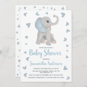 水彩青い象の男の子ベイビーシャワー写真 招待状 (正面/裏面)