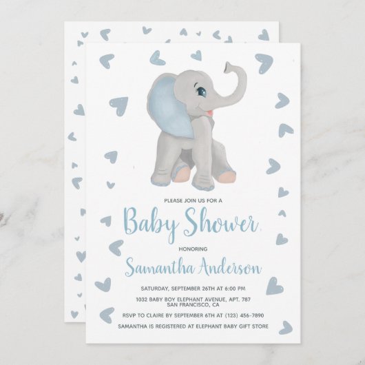 水彩青い象の男の子ベイビーシャワー写真 招待状 (正面/裏面)