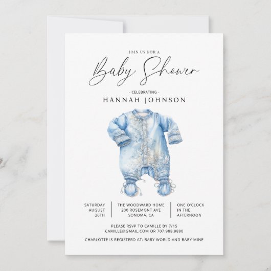 水彩青い赤ちゃん服ボーイシャワー 招待状 (正面)
