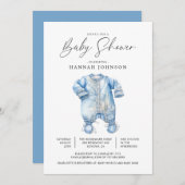 水彩青い赤ちゃん服ボーイシャワー 招待状 (正面/裏面)