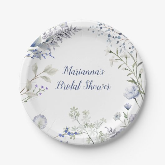 水彩青い野の花フレーム ブライダルシャワー ペーパープレート (正面)