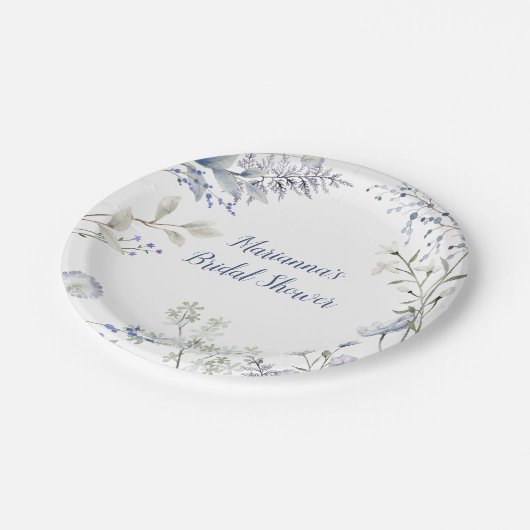 水彩青い野の花フレーム ブライダルシャワー ペーパープレート (アングル)