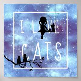 水彩青い銀河の少女と猫のシルエットルーム ポスター