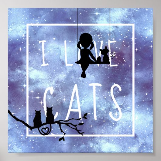 水彩青い銀河の少女と猫のシルエットルーム ポスター (正面)