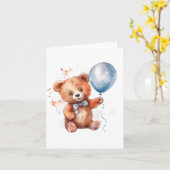 水彩青い風船クマ カード (黄色い花)